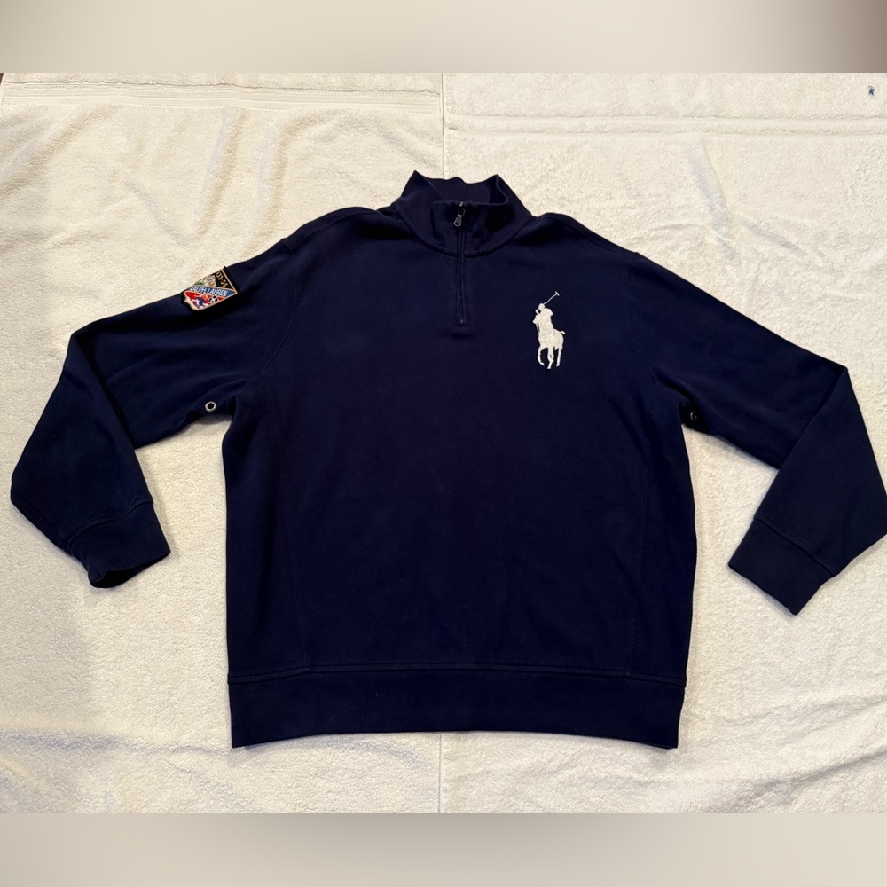 Vintage Mens Polo Ralph Lauren 1/4 Zip Sweater Big Pony & Ski Patch, Navy, XL